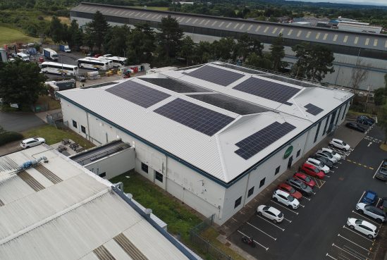 Metal roof on large building taken from a drone