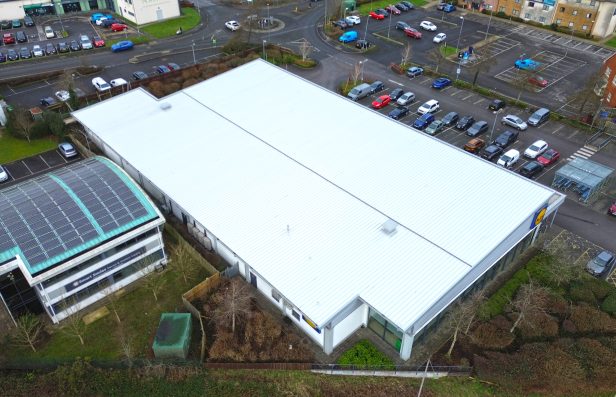 wide angle shot of commercial metal roofing project in Bristol