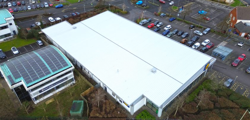 wide angle shot of commercial metal roofing project in Bristol