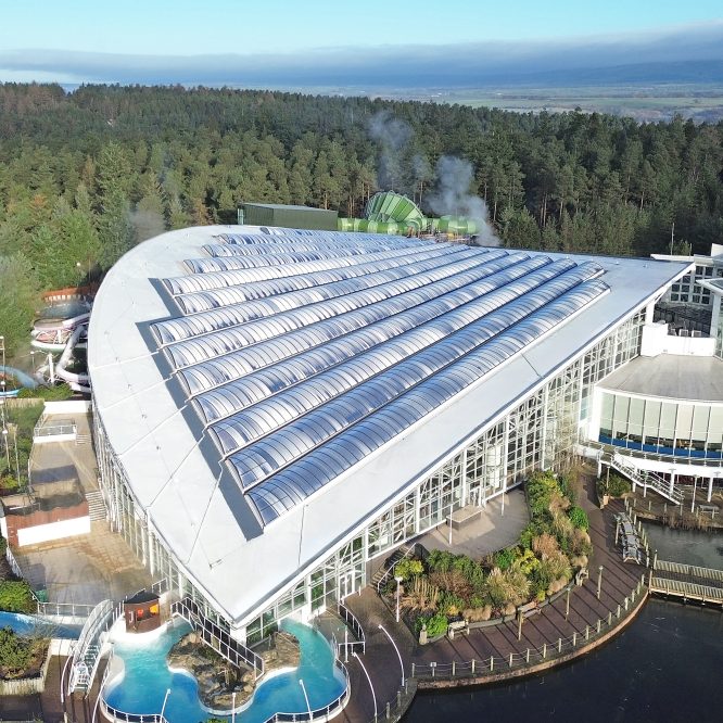 Hero shot of our liquid roofing project at Center Parcs