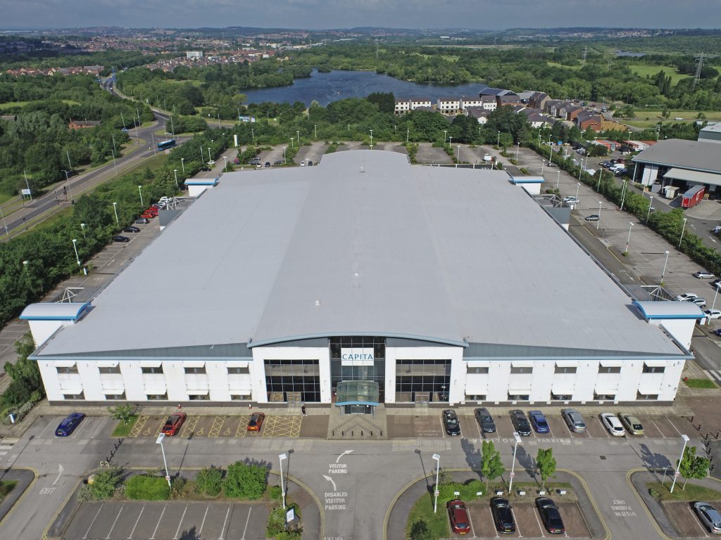 Full drone image of single-ply refurbishment at Capita Park by Central Group