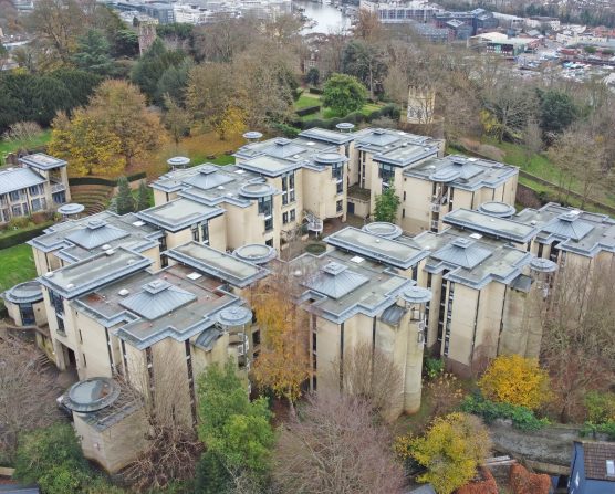Aerial view of complex flat roofing system refurbished by Central Group for Goldney Hall development.