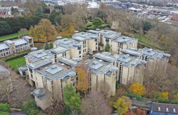 Aerial view of complex flat roofing system refurbished by Central Group for Goldney Hall development.
