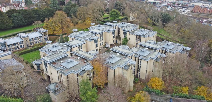 Aerial view of complex flat roofing system refurbished by Central Group for Goldney Hall development.